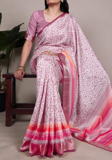 Light Pink Printed Silk Saree Set