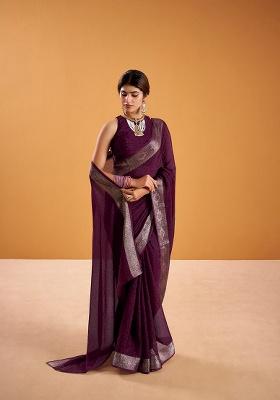 Wine Printed Poly Shimmer Saree Set