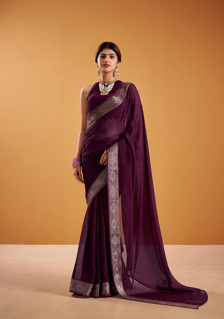 Wine Printed Poly Shimmer Saree Set - Indya