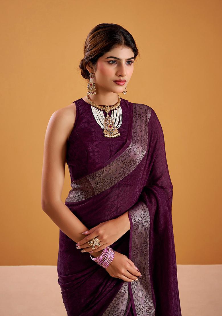 Wine Printed Poly Shimmer Saree Set - Indya