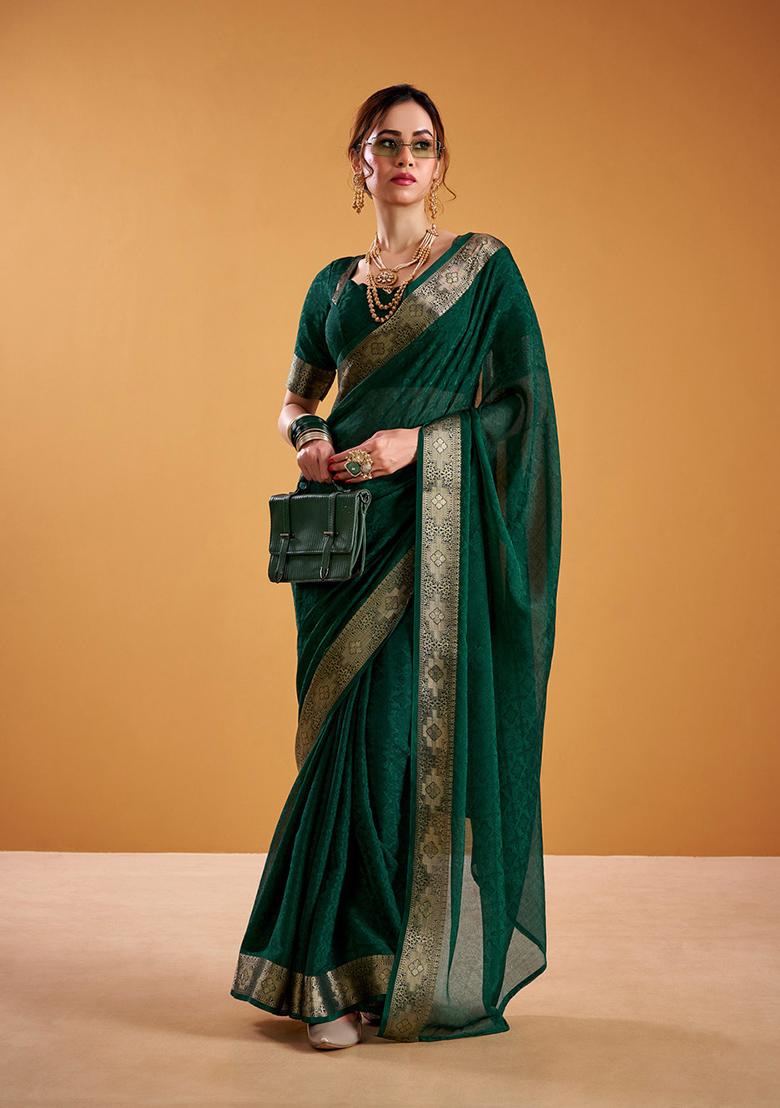 Green Printed Poly Shimmer Saree Set - Indya