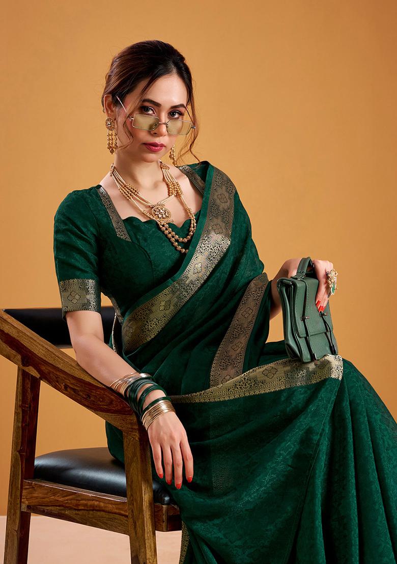 Green Printed Poly Shimmer Saree Set - Indya