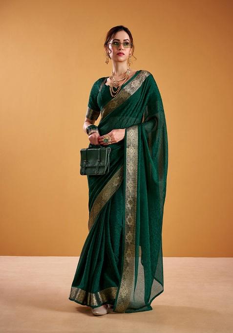 Green Printed Poly Shimmer Saree Set