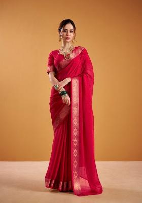 Red Printed Poly Shimmer Saree Set