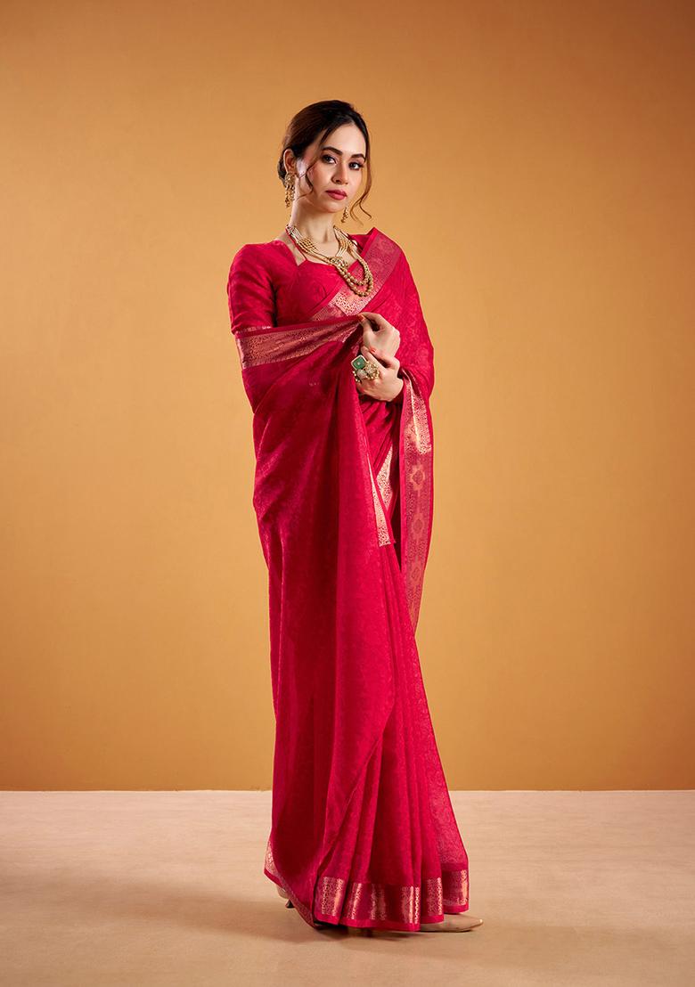 Red Printed Poly Shimmer Saree Set - Indya