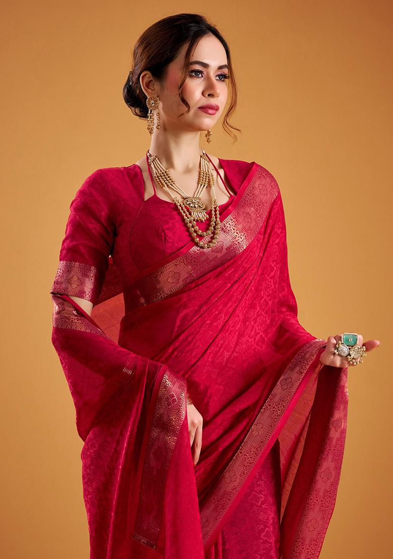 Red Printed Poly Shimmer Saree Set - Indya