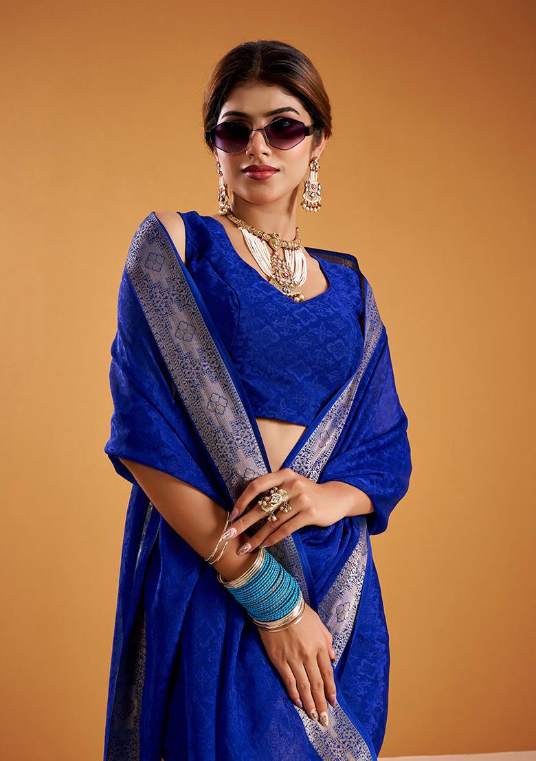 Royal Blue Printed Poly Shimmer Saree Set - Indya