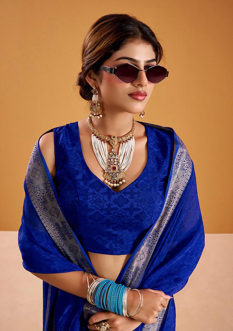 Royal Blue Printed Poly Shimmer Saree Set - Indya