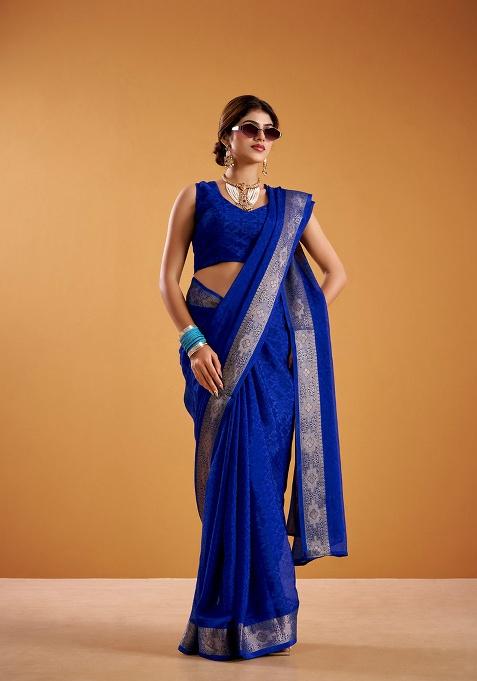Royal Blue Printed Poly Shimmer Saree Set