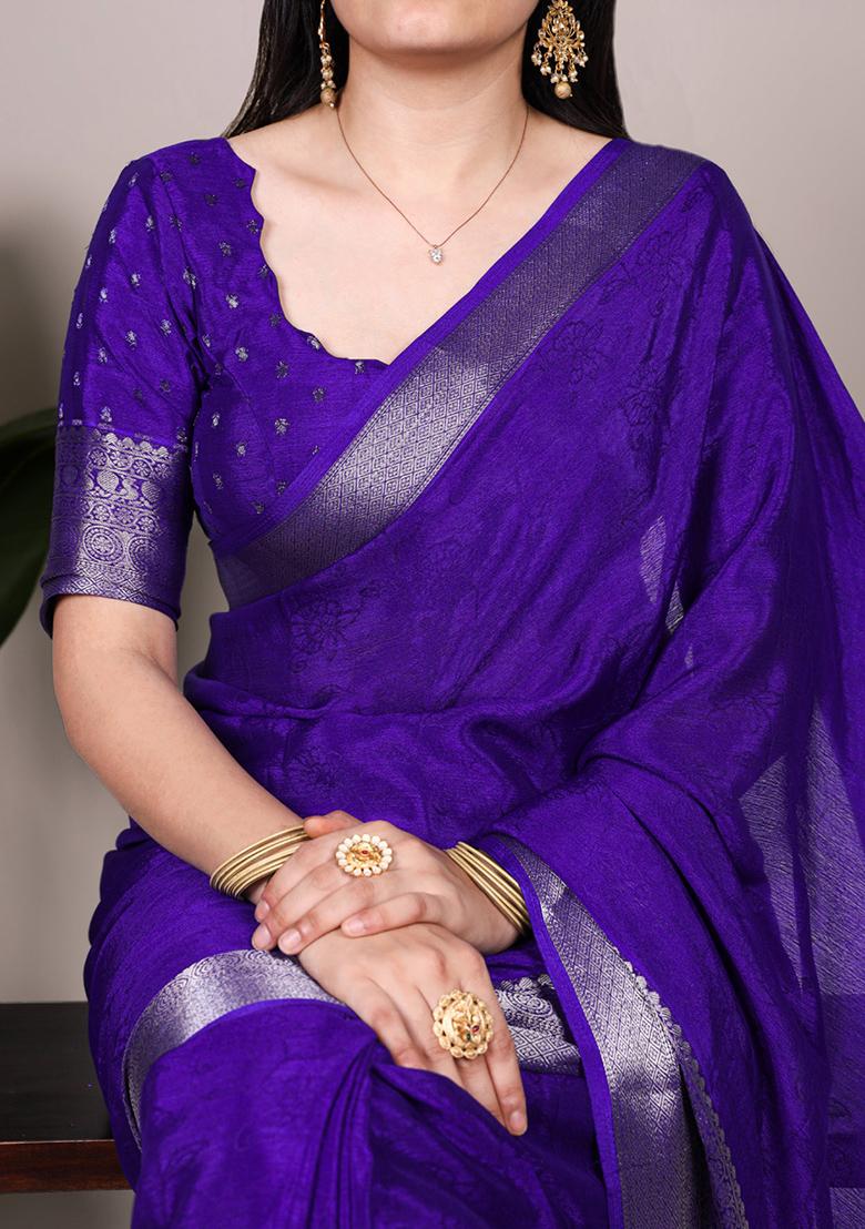 Royal Blue Printed Chinon Saree Set - Indya