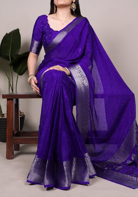Royal Blue Printed Chinon Saree Set