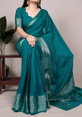 Bottle Green Printed Chinon Saree Set