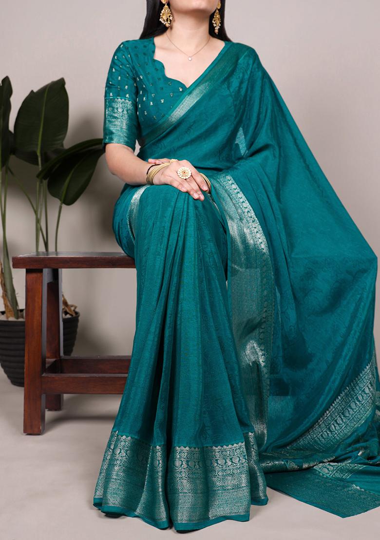 Bottle Green Printed Chinon Saree Set - Indya