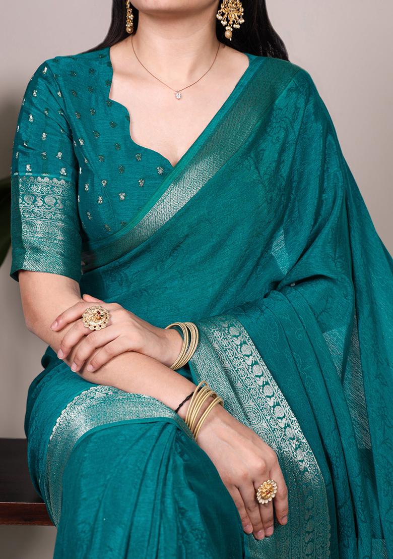 Bottle Green Printed Chinon Saree Set - Indya