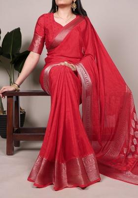 Red Printed Chinon Saree Set