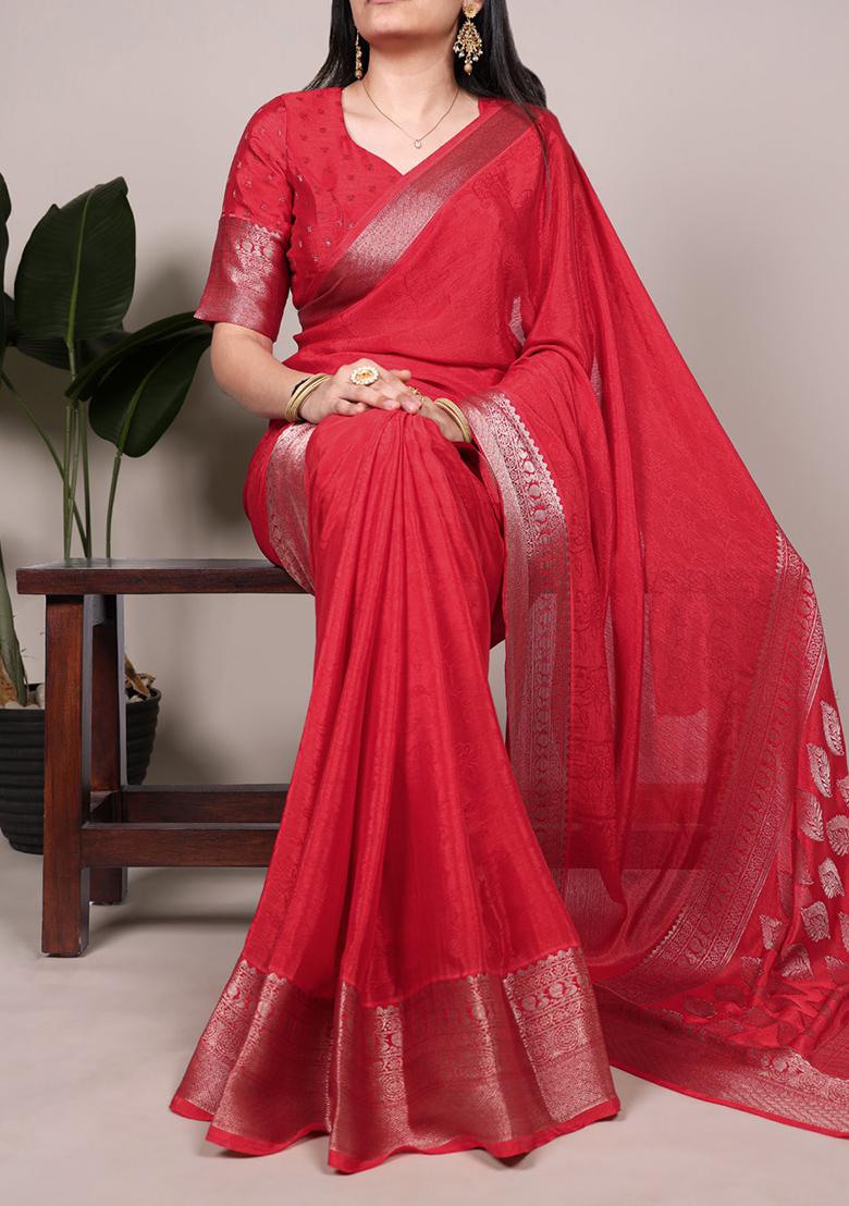 Red Printed Chinon Saree Set - Indya
