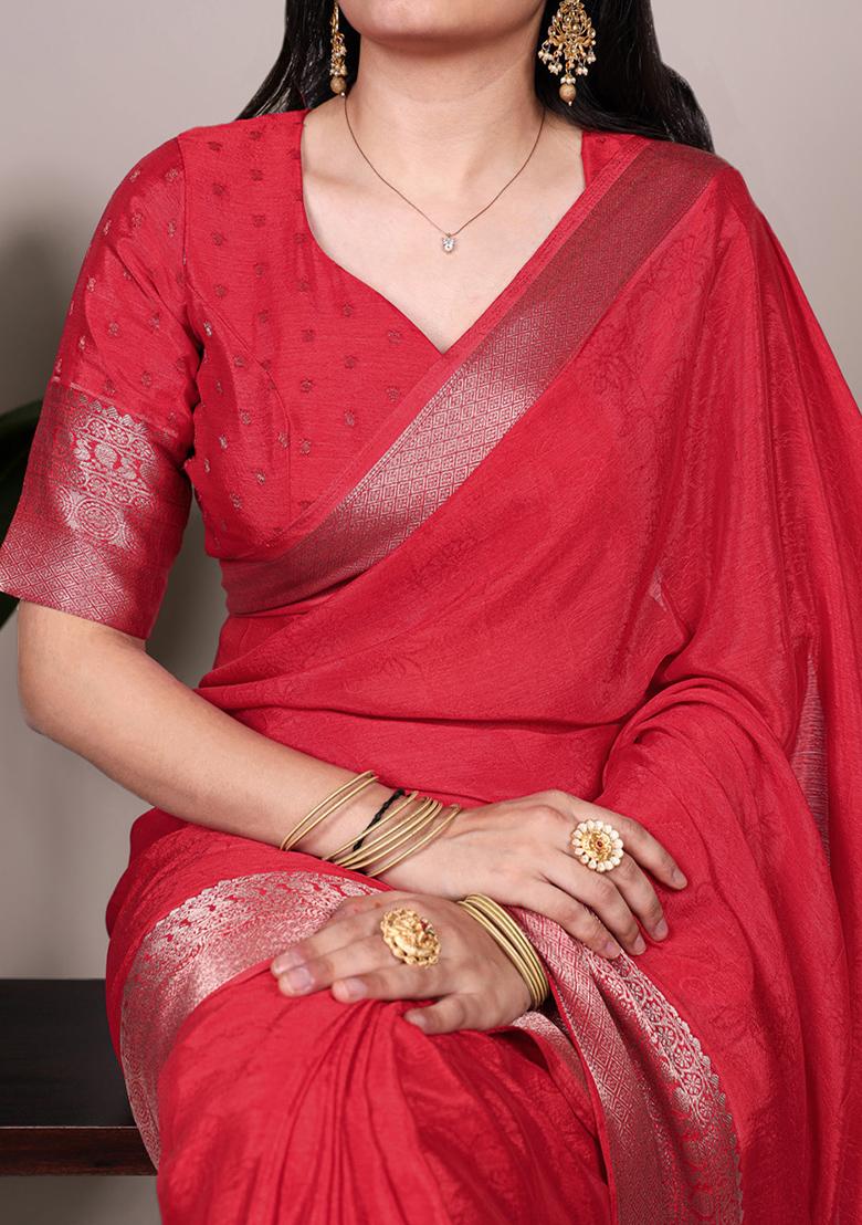 Red Printed Chinon Saree Set - Indya