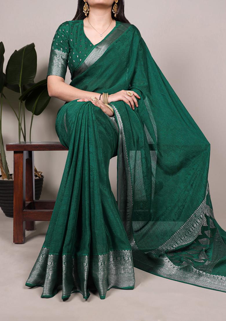 Green Printed Chinon Saree Set - Indya