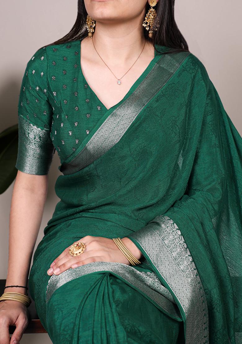 Green Printed Chinon Saree Set - Indya