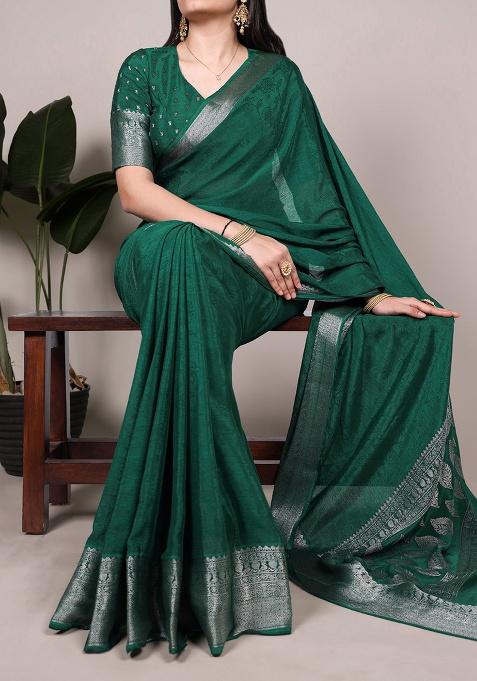 Green Printed Chinon Saree Set