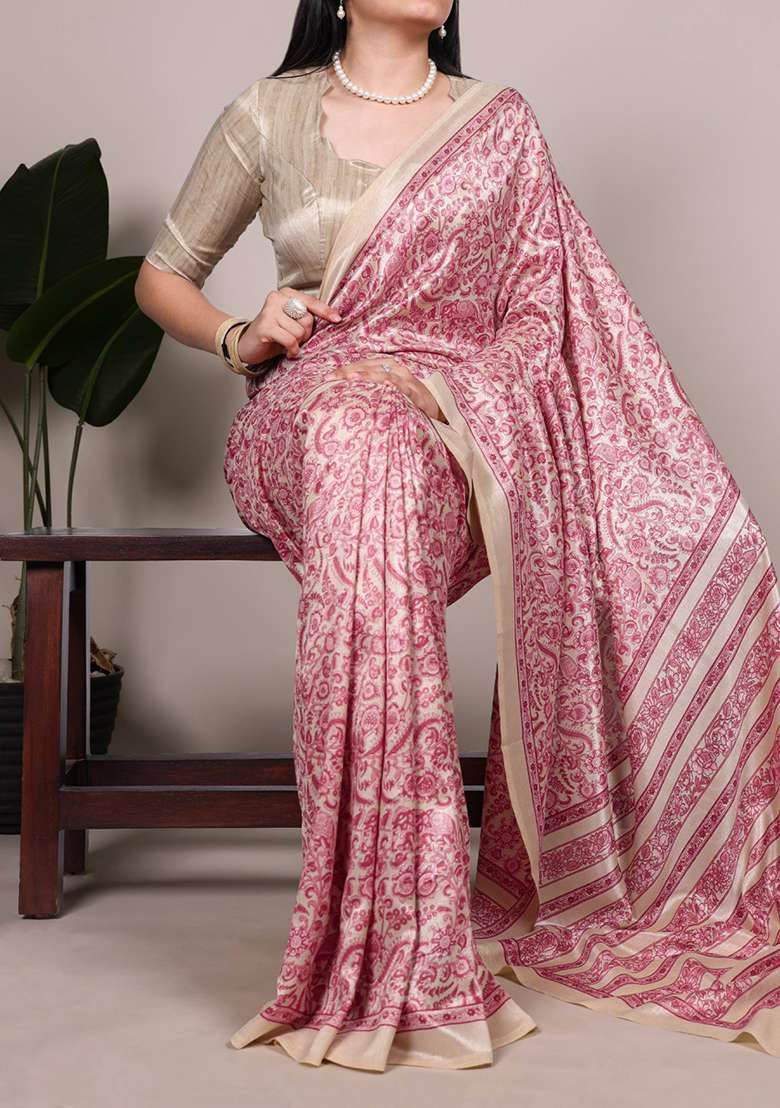 Salmon Printed Silk Blend Saree Set for Diwali and Festive Wear - Indya