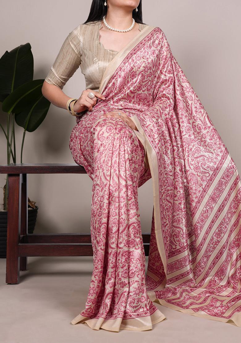 Salmon Printed Silk Saree Set - Indya