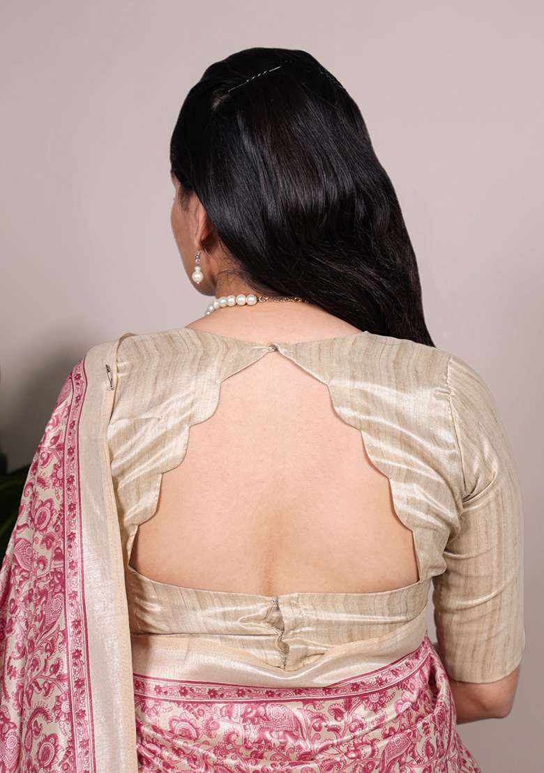 Salmon Printed Silk Blend Saree Set for Diwali and Festive Wear - Indya