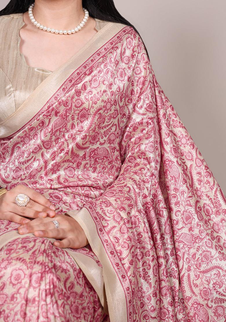 Salmon Printed Silk Saree Set - Indya