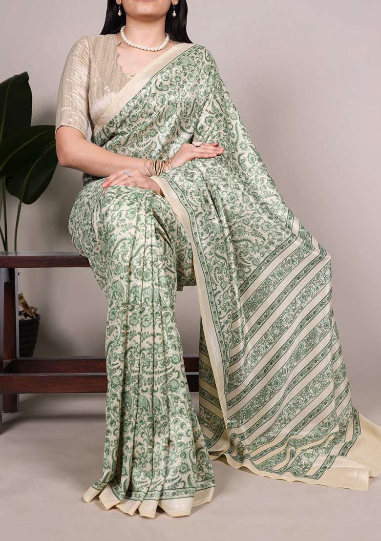 Green Silk Blend Saree Set with Printed for Diwali | Wedding & Festive Wear - Indya