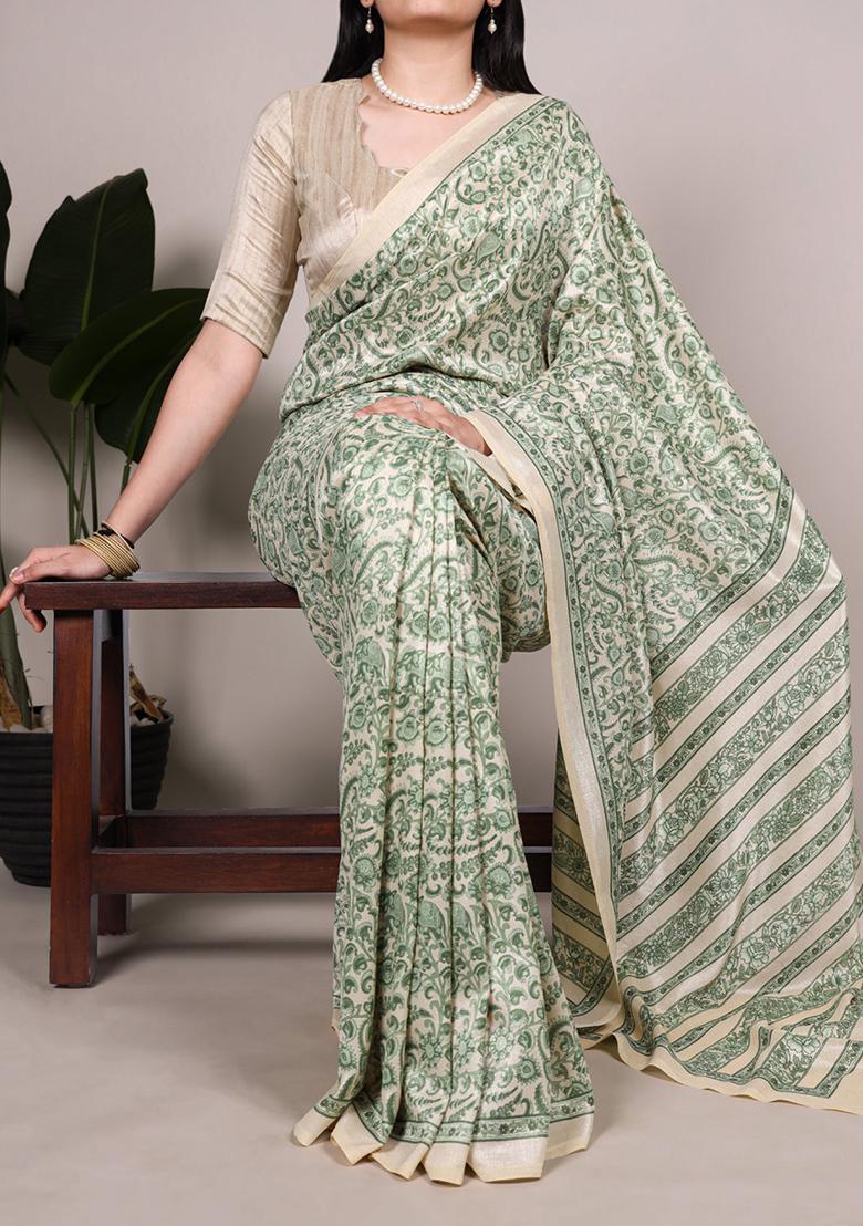 Green Printed Silk Saree Set - Indya