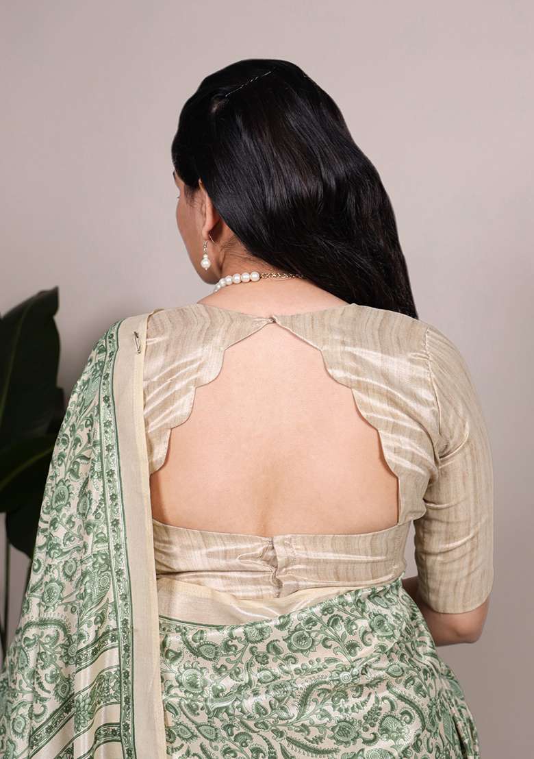 Green Silk Blend Saree Set with Printed for Diwali | Wedding & Festive Wear - Indya