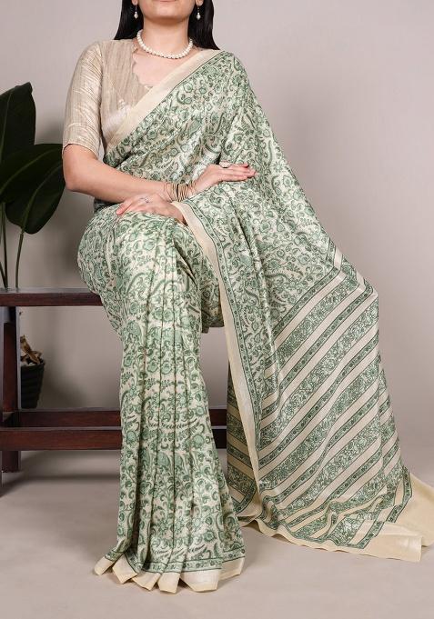Green Printed Silk Saree Set