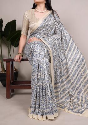 Blue Printed Silk Saree Set
