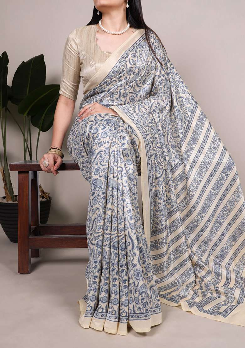 Blue Printed Silk Blend Saree Set for Diwali and Festive Wear - Indya