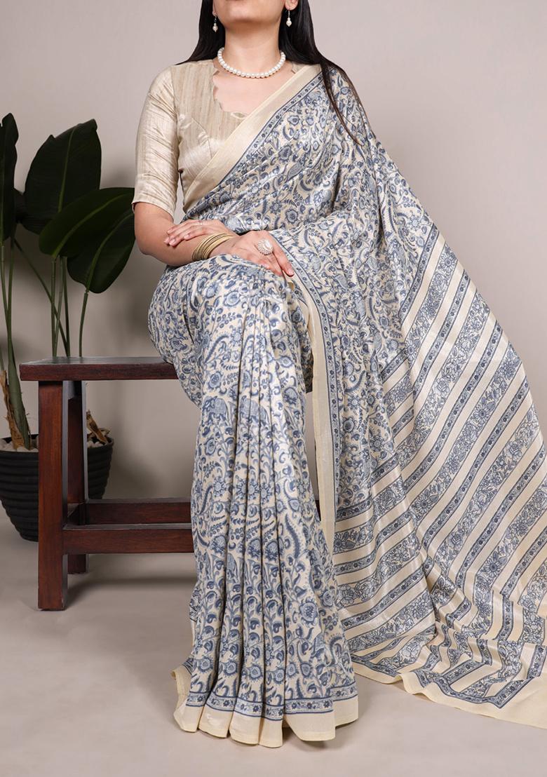 Blue Printed Silk Saree Set - Indya