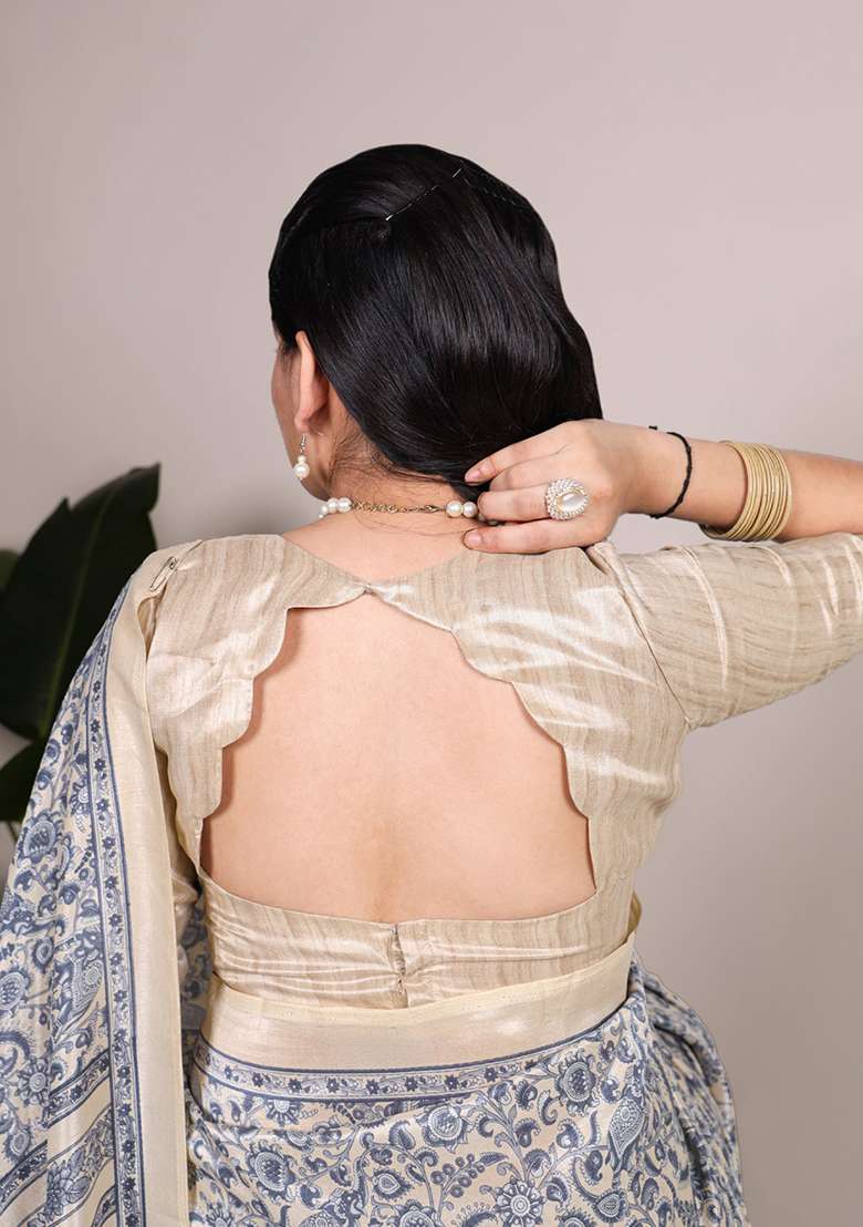 Blue Printed Silk Blend Saree Set for Diwali and Festive Wear - Indya