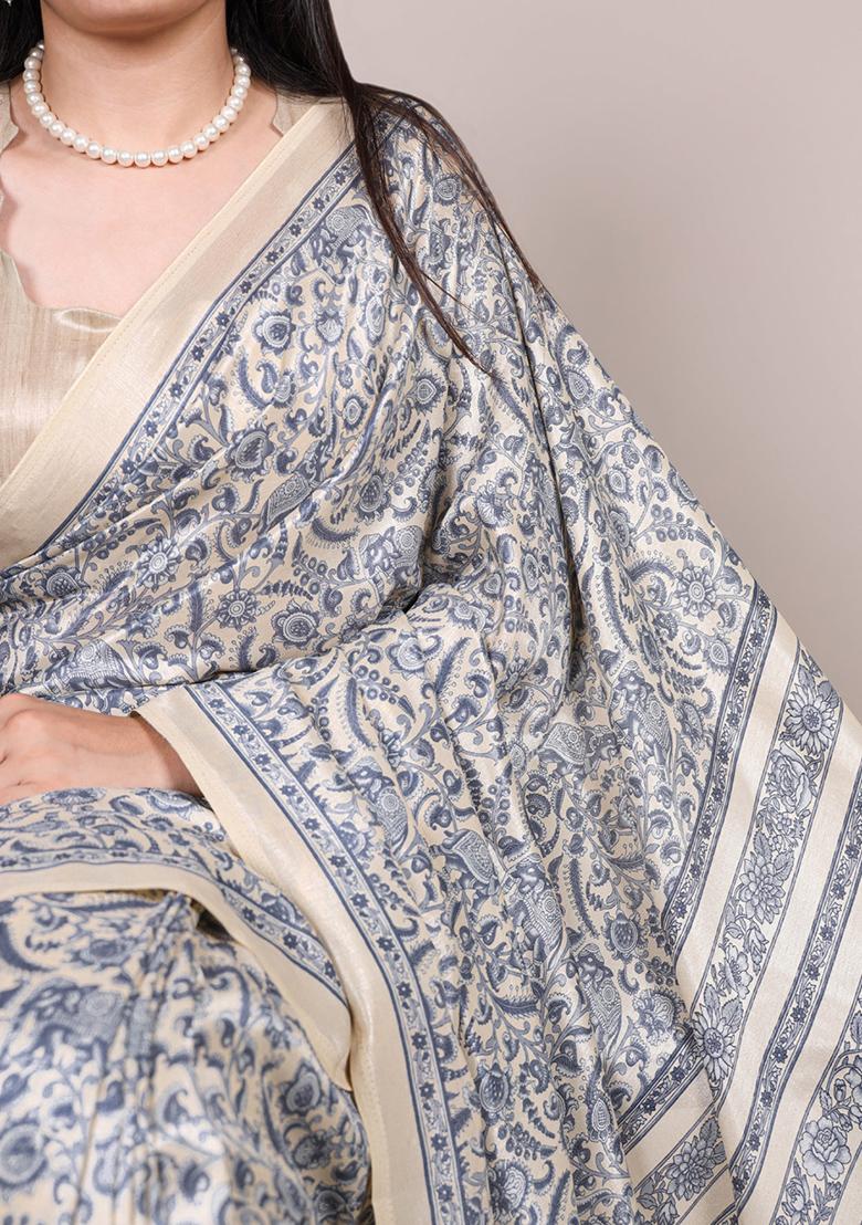 Blue Printed Silk Saree Set - Indya
