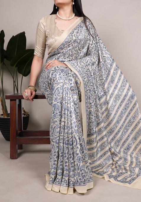 Blue Printed Silk Saree Set
