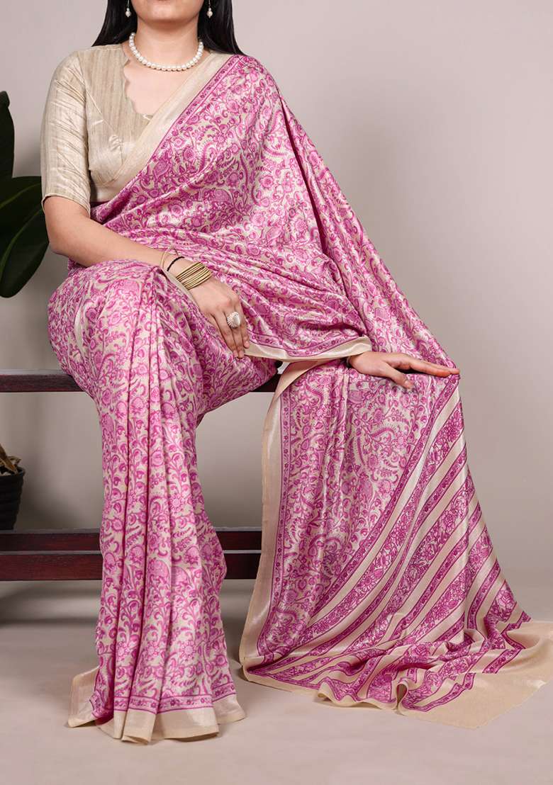 Pink Silk Blend Saree Set with Printed for Diwali | Wedding & Festive Wear - Indya