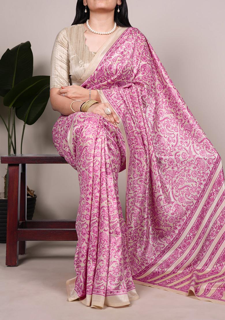 Pink Printed Silk Saree Set - Indya