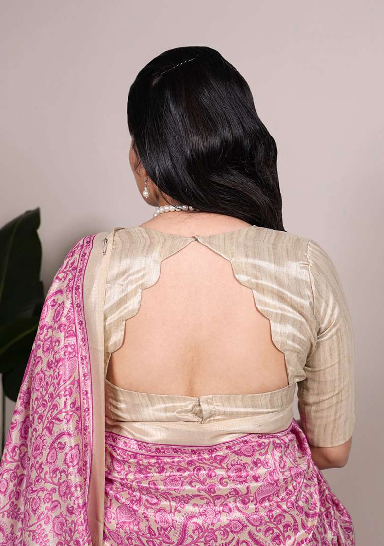 Pink Silk Blend Saree Set with Printed for Diwali | Wedding & Festive Wear - Indya