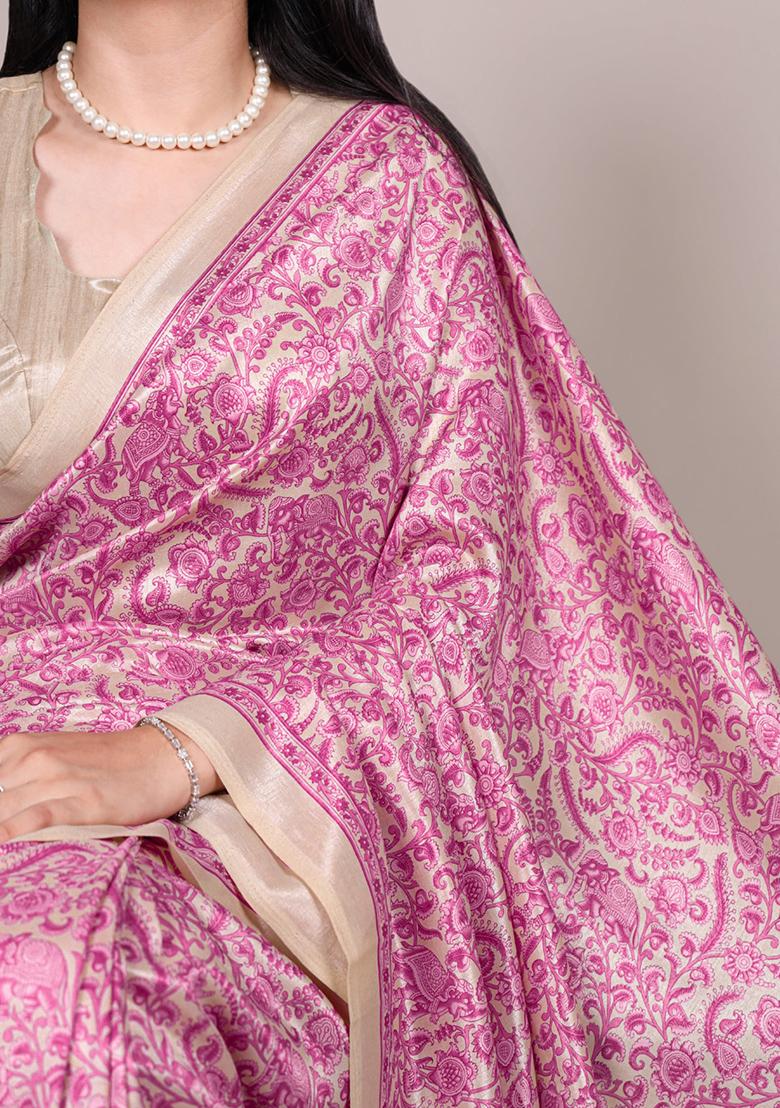 Pink Printed Silk Saree Set - Indya
