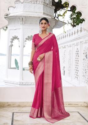 Pink Printed Chinon Saree Set