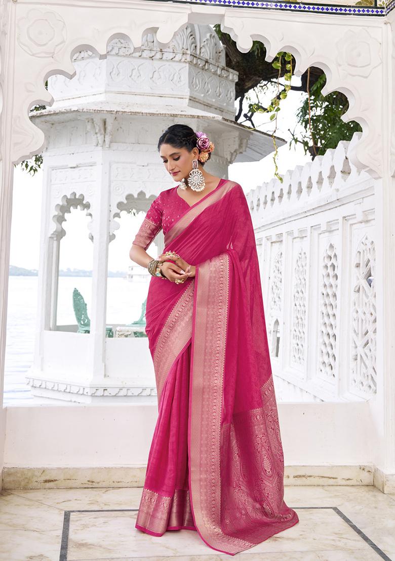 Pink Printed Chinon Saree Set - Indya