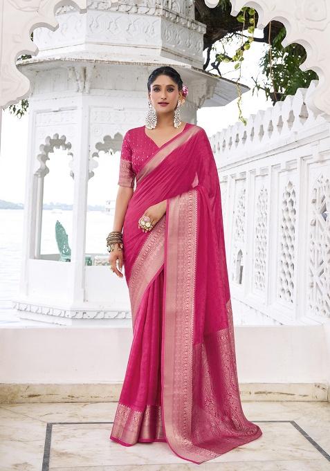 Pink Printed Chinon Saree Set