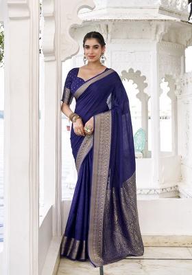 Navy Blue Printed Chinon Saree Set