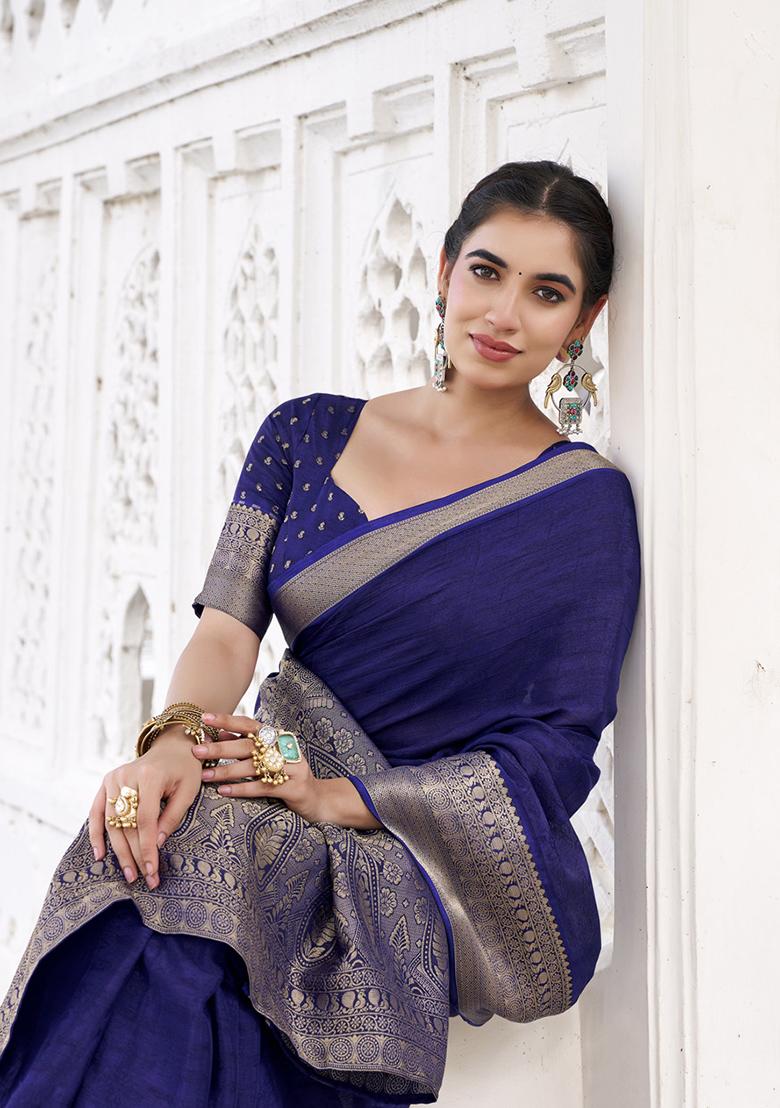 Navy Blue Printed Chinon Saree Set - Indya