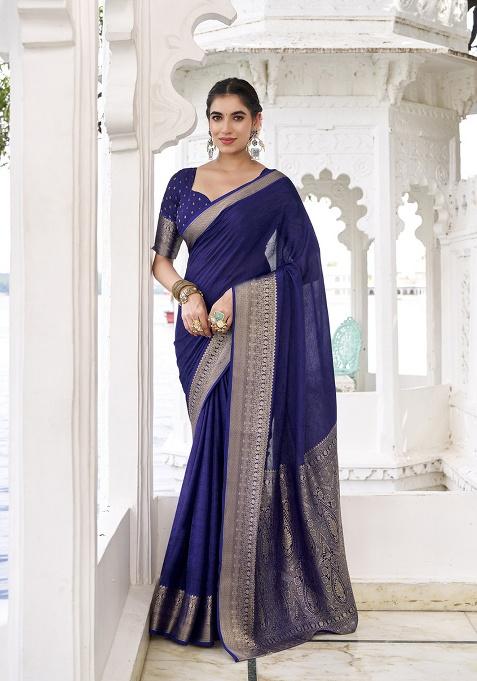 Navy Blue Printed Chinon Saree Set