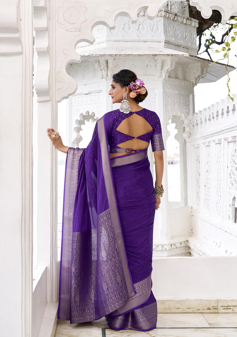Purple Printed Chinon Saree Set - Indya
