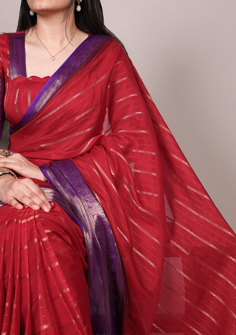 Red Printed Crepe Saree Set - Indya